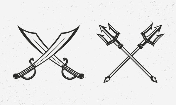 Pirate saber swords and Poseidon tridents. Nautical icons isolated on white background. Nautical logo template. Vector illustration