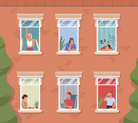 People in quarantine and isolation stay at home.  Men and women spend time in apartment during pandemic. Vector illustration in a flat style