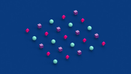 Blue, pink, purple geometric shapes, blue background. Abstract illustration, 3d render.