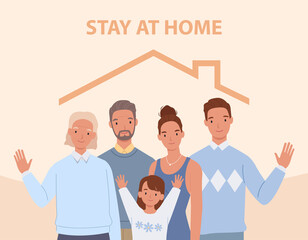 People stay at home. Young parents, children and grandparents inside the house. Vector illustration in a flat style