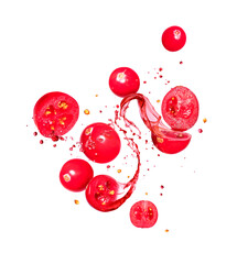 Whole and sliced cranberries with splashes of juice on a white background
