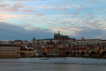 Postacard of the Historical city Prague, Czech Republic.
The photo was taken at sunset time and it show the most iconic monuments of this european city.