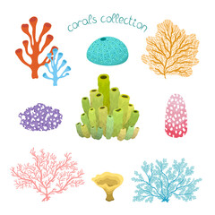 Collection with colorful cartoon corals, isolated on white background. Vector hand drawn illustration with under the sea scene set.