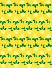Keuken spatwand met foto Seamless flat pattern of cut in half, sliced on pieces fresh lemons and leaves on background. Vibrant juicy ripe citrus fruit collection. vector illustration © Азиза Сейфутдинова