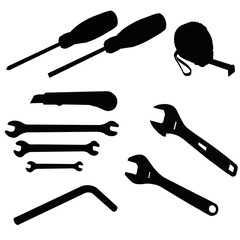A set of repair tools. Phillips screwdriver, screwdriver, tape measure, construction knife, repair keys, hex key, adjustable wrench. Vector image