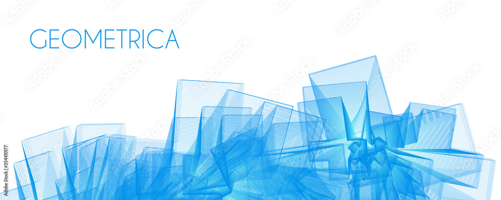 Poster Complex geometric abstraction consisting of squares drawn by thin blue lines. Subtle vector graphics