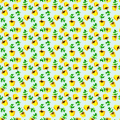 Seamless watercolor pattern green plant in a yellow pot