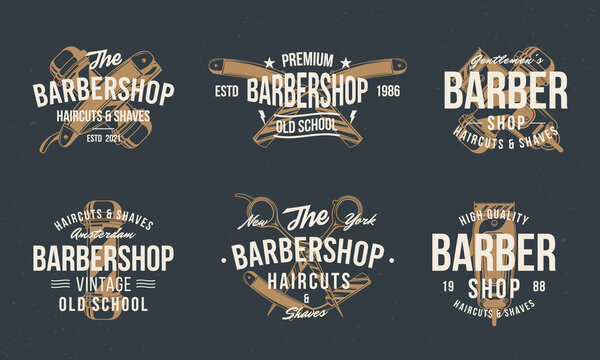 Barber shop vintage hipster logo templates. Barbershop stamp, print, label set. Barbershop, Barber, Haircut's salon poster templates. Vector illustration