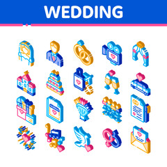 Wedding Vector Icons Set. Isometric Bride And Groom, Rings And Limousine Wedding Elements Pictograms. Church And Arch, Fireworks And Dancing Illustrations