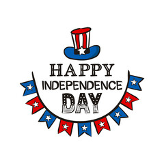 Happy Independence Day. Lettering for Independence Day of the United States of America. Logo by July 4th in national colors of the USA. Vector illustration for poster design in doodle style.