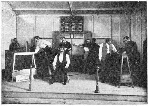 Anthropometric measurements of criminals at a police station. Illustration of the 19th century. White background.