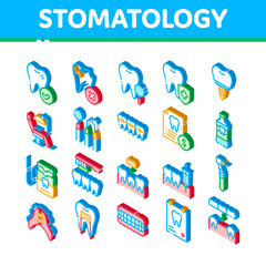 Stomatology Vector Icons Set. Isometric Stomatology Dentist Equipment And Chair, Healthy And Unhealthy Tooth Pictograms. Jaw Denture, Injection Anesthesia Illustrations