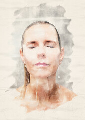 woman taking a shower with her eyes closed in watercolors