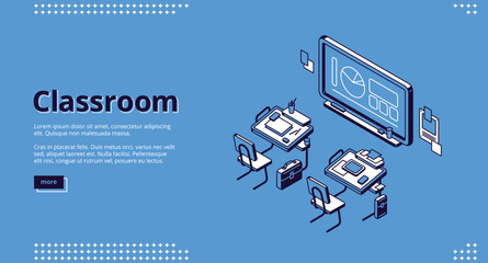 Classroom isometric landing page, school or university class room empty interior with desks and blackboard with diagrams and pie chart. Educational Place with seats and chalkboard 3d vector web banner