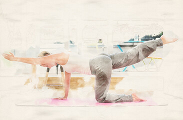  woman doing yoga in her living room in watercolors
