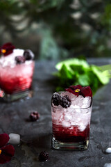 Fresh summer drink. A delicious cocktail based on gin, blackberry and mint. Garnish with flowers, pansies