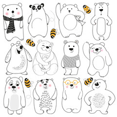 A large set of cute bears in calligraphic style with bees. Cartoon vector illustration isolated on white background.