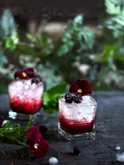 Fresh summer drink. A delicious cocktail based on gin, blackberry and mint. Garnish with flowers, pansies