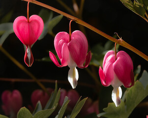 Three bleeding heart flowers Lamprocapnos spectabilis or Dicentra. Closeup