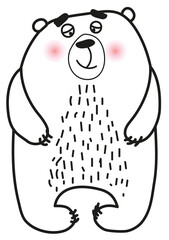 Big cute clubfoot bear in minimal Scandinavian style. Doodle coloring book for children. Vector outline drawing by hands isolated on a white background. Print for t-shirts, cups, poster, banner