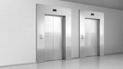 Metal elevator doors in hallway perspective view. Vector realistic empty modern office or hotel lobby interior with lift, metal panel with buttons and floor display on wall