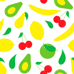 fruits seamless pattern. Food, vegetarianism. in a minimalist, scandinavian style. cucumber,Apple, lemon, avocado, pear, cherry.  Menu design elements, cafe.