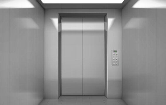 Empty elevator cabin with closed steel doors inside view. Vector realistic interior of passenger lift with buttons panel and digital display with number of floor in house or office building