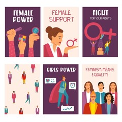 Feminism movement cards collection on white background vector illustration. Set of female power, support, fight for rights, feminism means equality flyers flat style design