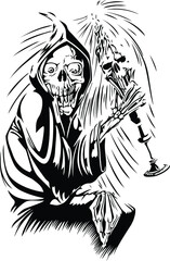Grim reaper with a pendant in bony hands. Tattoo vector