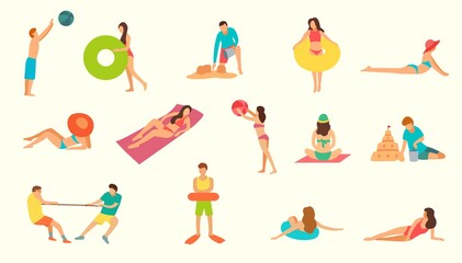Summer beach activities set on white backdrop vector illustration. Collection of people playing volleyball, building sand castles, swimming, sunbathing isolated on light background
