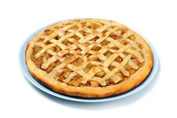 Plate with tasty apple pie isolated on white background