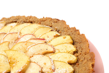 Tasty apple pie on white background, close up. Homemade food