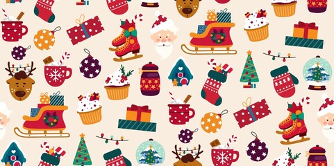 Merry christmas colourful seamless pattern vector illustration. Reindeer decoration ball tree and skating flat style. Bright decor for winter holiday concept. Isolated on white background