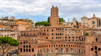 Fototapeta na wymiar Rome cityscape with Trajan Market at the foreground in Italy.