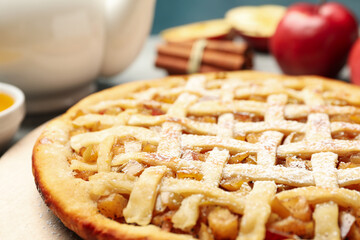 Composition with apple pie and ingredients, close up. Homemade food