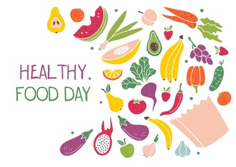 Healthy food day banner template with fruits vector illustration. Bright colourful vegetables flat style. Healthy lifestyle and nutrition concept. Isolated on white background