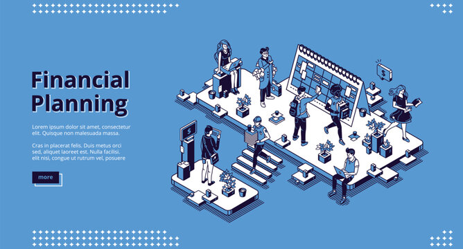 Financial planning banner. Business finance analysis, report and forecasting. Vector landing page of economic strategy, budget plan with isometric illustration of office with working people