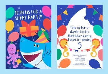 Baby shark colourful party invitation template vector illustration. Join us for shark party flat style. Bright decor. Child happy birthday concept. Isolated on blue background