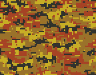 Vector camouflage seamless pattern. Autumn color scheme. Copper brown, brick red, ocher yellow and black. Digital (pixelated) shapes.
