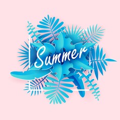 Summer tropical banner in paper art style vector illustration. Beautiful blue leaves flat style. Warm season. Bright card with lettering. Summer concept. Isolated on pink background