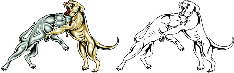 Two fighting dog pit bull in a fight. Deadly battle. Vector illustration of a angry dog