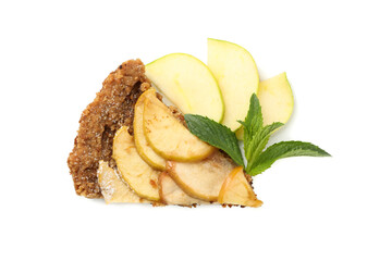 Piece of tasty apple pie isolated on white background. Homemade food
