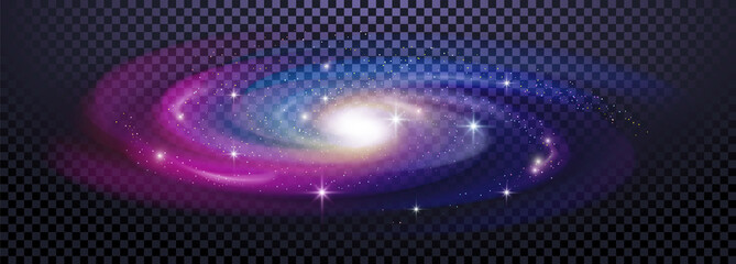Realistic milky way spiral galaxy with stars isolated on transparent background. Bright blue yellow and red stars with space galaxy star dust. Can be used on flyers banners, web and other projects.