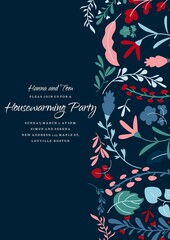 Floral housewarming party invitation template vector illustration. Event address information flat style. Settlement on new place. Friendly event concept. Isolated on navy background