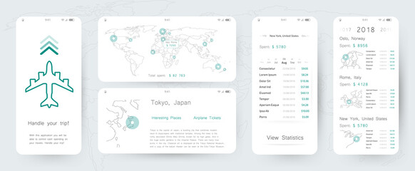 Travel trip advertising widget mobile app smartphone design template. Black and white minimalistic style. World map card trip baneer promo. UI, UX, GUI screens for trip app.
