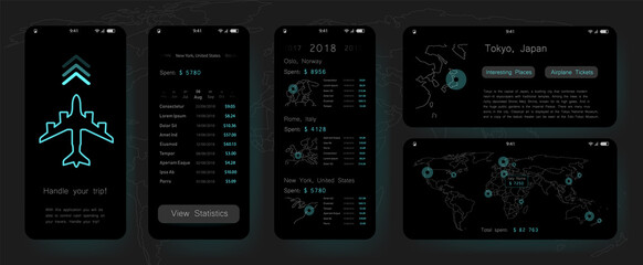 Travel trip advertising widget mobile app smartphone design template. Black and white minimalistic style. World map card trip baneer promo. UI, UX, GUI screens for trip app.