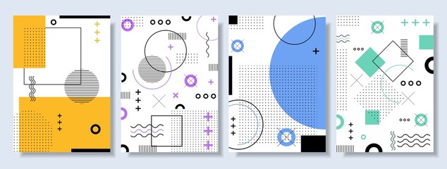 Set of colourful abstract geometric banners vector illustration. Collection of cool bright covers flat style. Trendy design compositions concept. Isolated on blue background