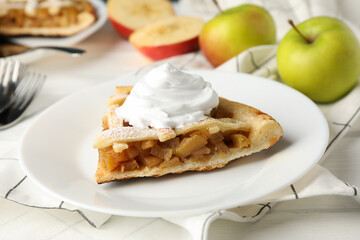 Composition with apple pie on white wooden background. Tasty lunch. Homemade breakfast