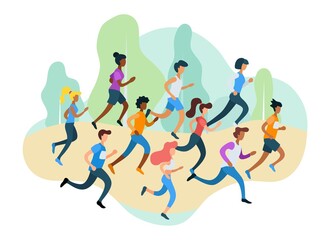 Running sporty people take part in marathon vector illustration. Group of people competing for win flat style. Active lifestyle and competition concept. Isolated on white background