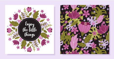 Set of beautiful floral cards with lettering vector illustration. Enjoy little things text flat style. Bright inspirational pattern with flowers. Isolated on purple background